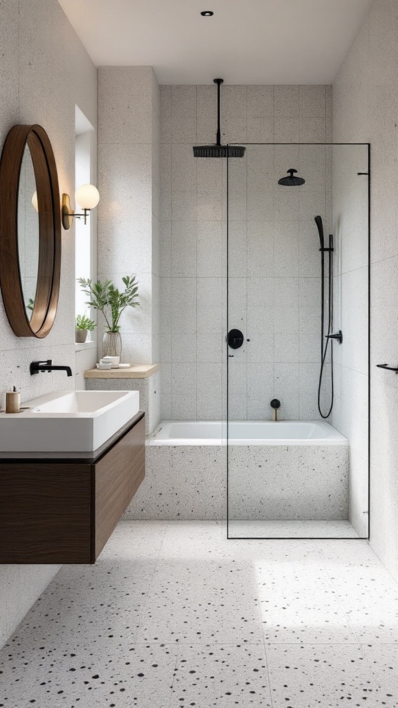 A modern bathroom featuring terrazzo tiles on the floor and walls, a glass shower enclosure, a wooden vanity, and a round mirror.