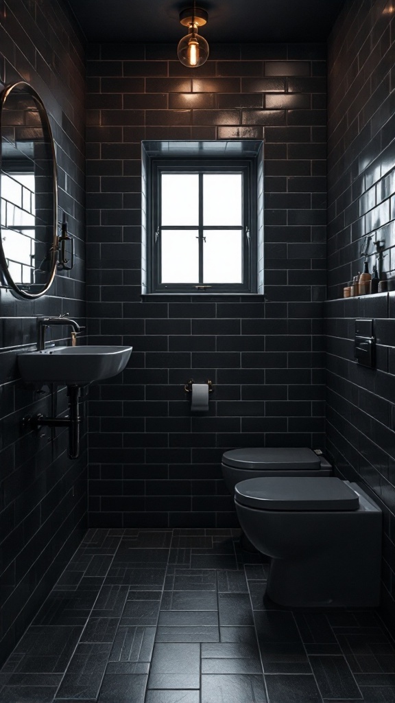 Small bathroom featuring dark tiles, modern fixtures, and warm lighting.