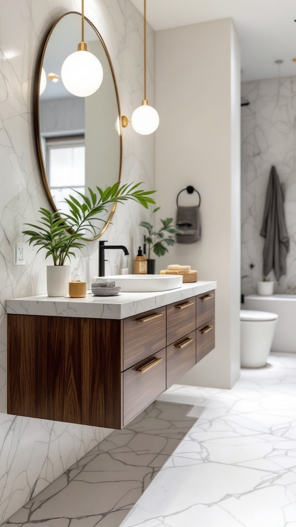 A modern bathroom featuring a floating vanity with a wood finish, a round mirror, and terrazzo tile flooring.