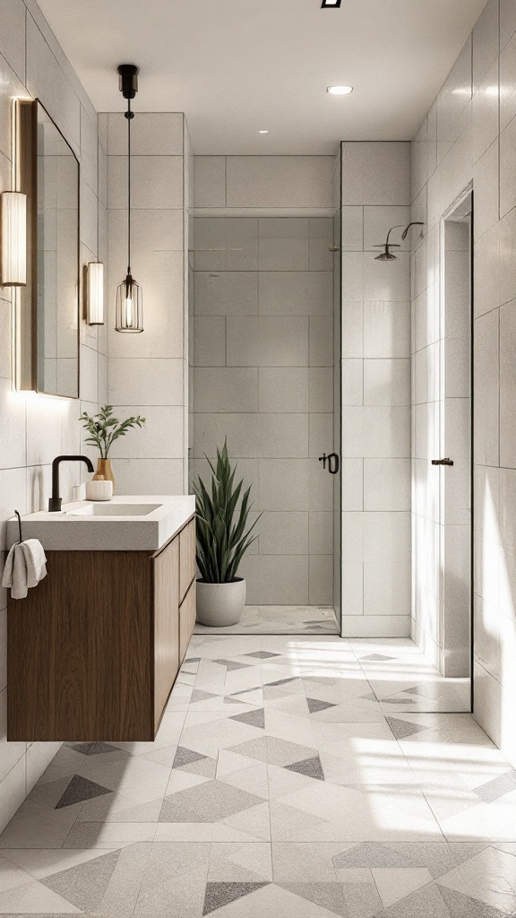 Modern bathroom featuring geometric terrazzo tile floor and wooden vanity