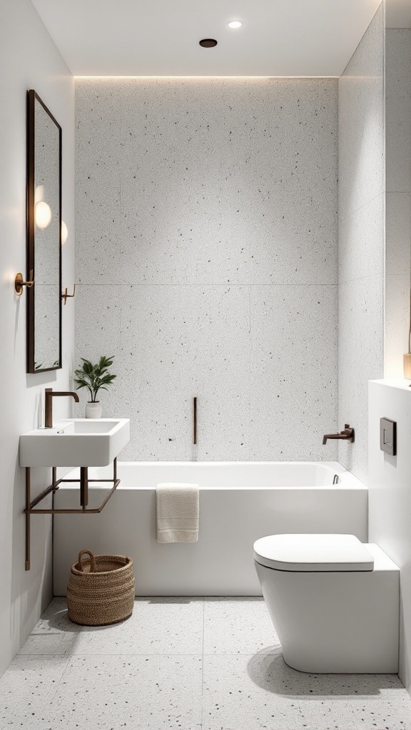 A modern small bathroom featuring light terrazzo tiles on the floor and walls, a sleek bathtub, and a wall-mounted sink.