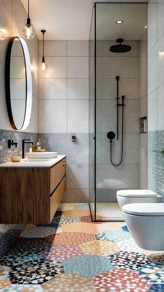 A modern bathroom featuring a colorful terrazzo tile floor with various patterns and shapes.