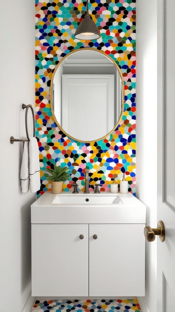 A small bathroom featuring a colorful mosaic tile accent wall with a round mirror and a white sink.