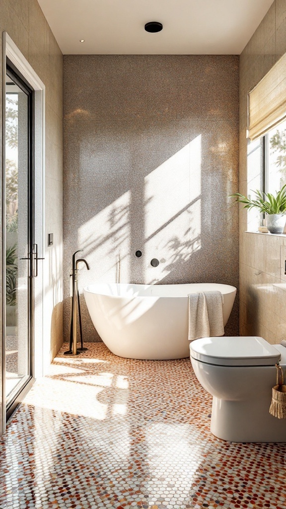 Bathroom featuring terrazzo tile flooring, a freestanding bathtub, and natural light illuminating the space.