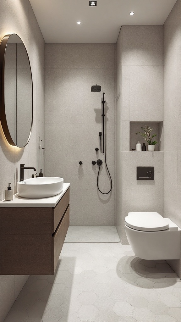 Modern small bathroom featuring neutral hexagon tiles, a wooden vanity, and sleek fixtures.