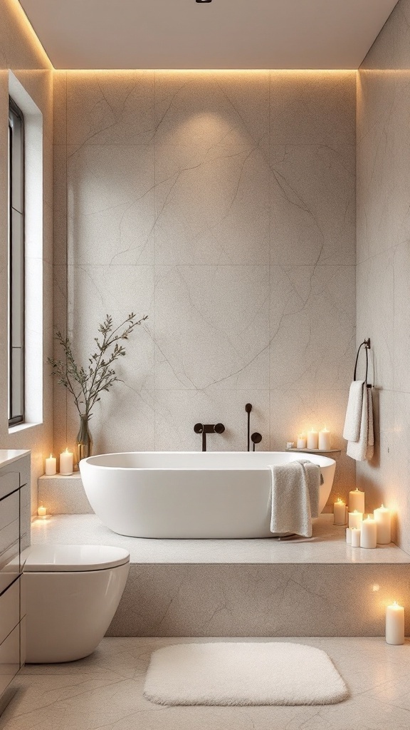 Luxurious bathroom featuring a terrazzo tile bathtub, candles, and modern decor.