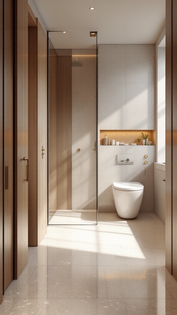 A modern bathroom with terrazzo tile flooring and warm wood accents, showcasing a cozy yet elegant design.