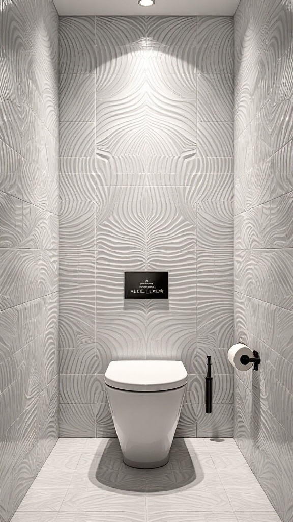 Small bathroom with textured tiles on the wall and modern toilet.