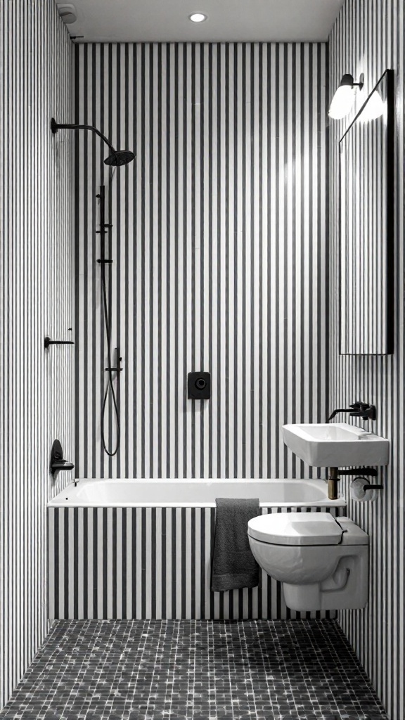 A small bathroom with vertical black and white striped tiles, a white bathtub, and modern fixtures.