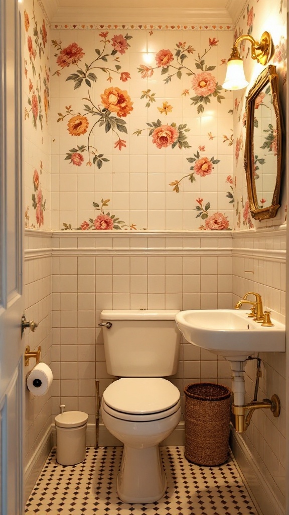 Small bathroom with vintage floral tiles on the walls, a toilet, and a sink.