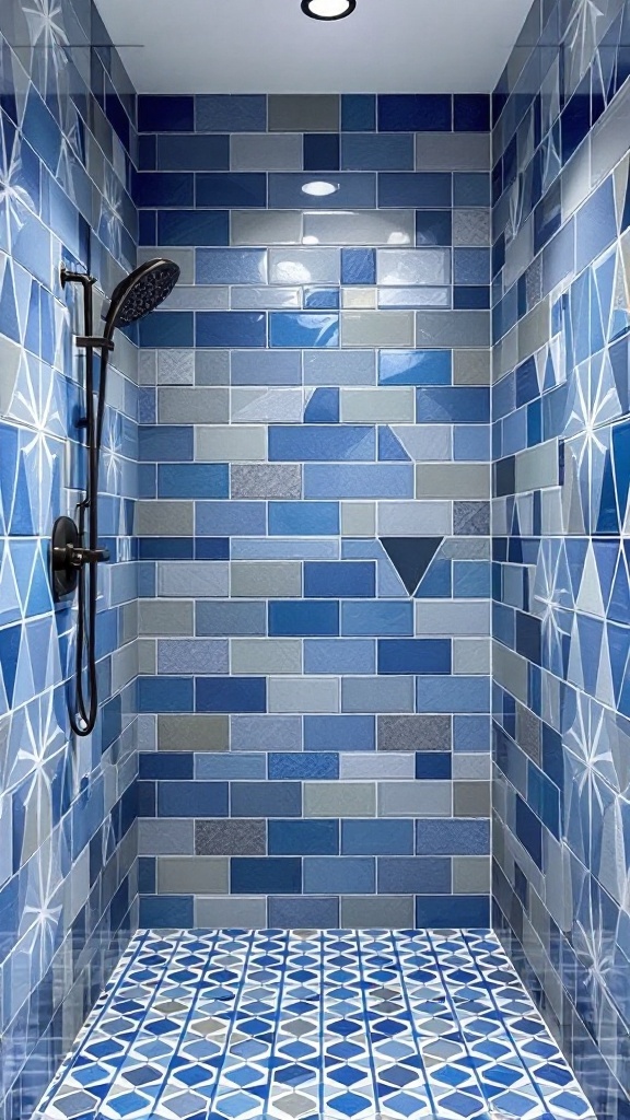 A modern shower with bold geometric blue tile patterns on the walls and floor.