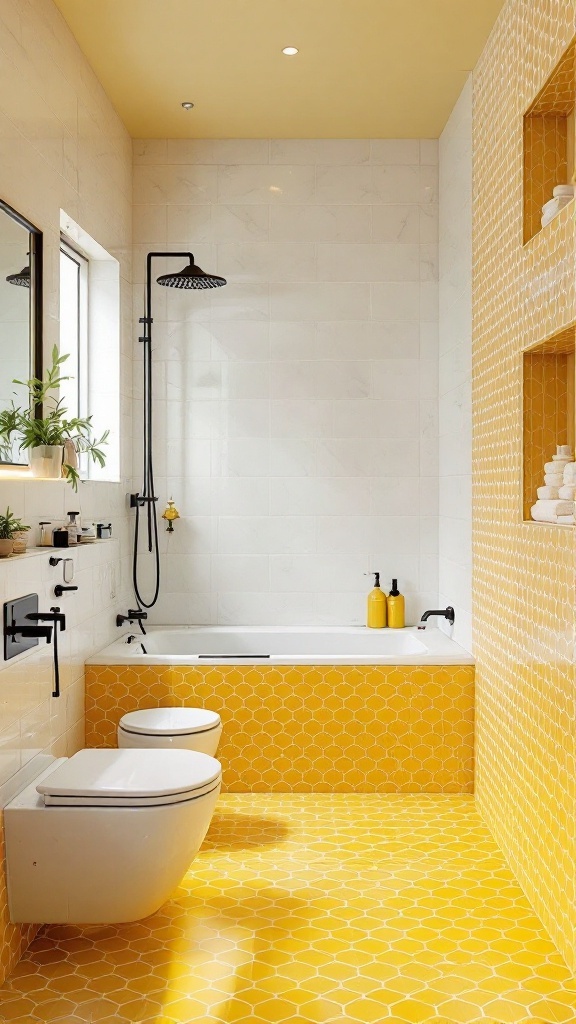 A modern bathroom featuring bold yellow tiles in a honeycomb pattern, complemented by white walls and black fixtures.