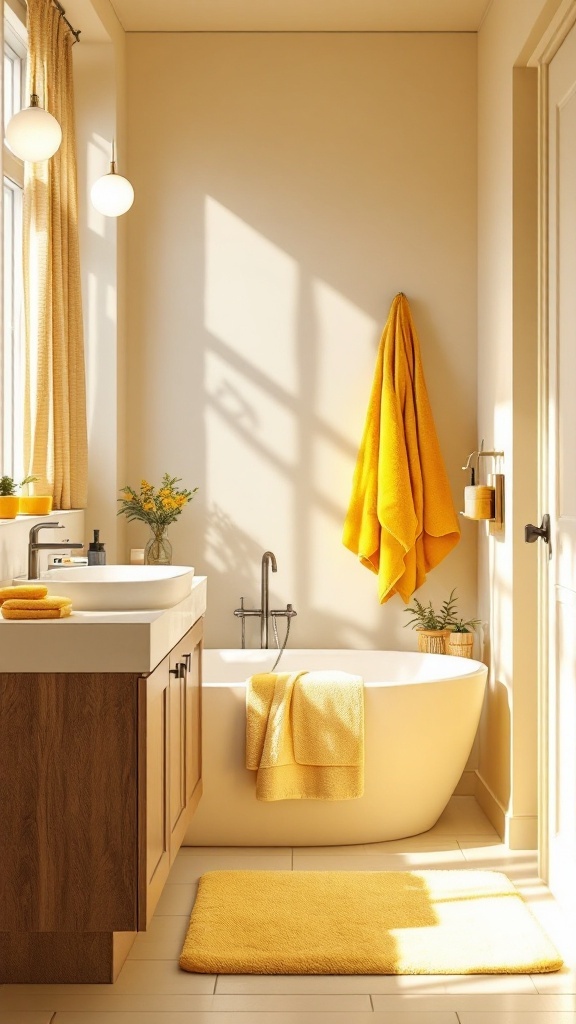 Bright bathroom with soft yellow accents, featuring yellow towels, a yellow rug, and warm sunlight.