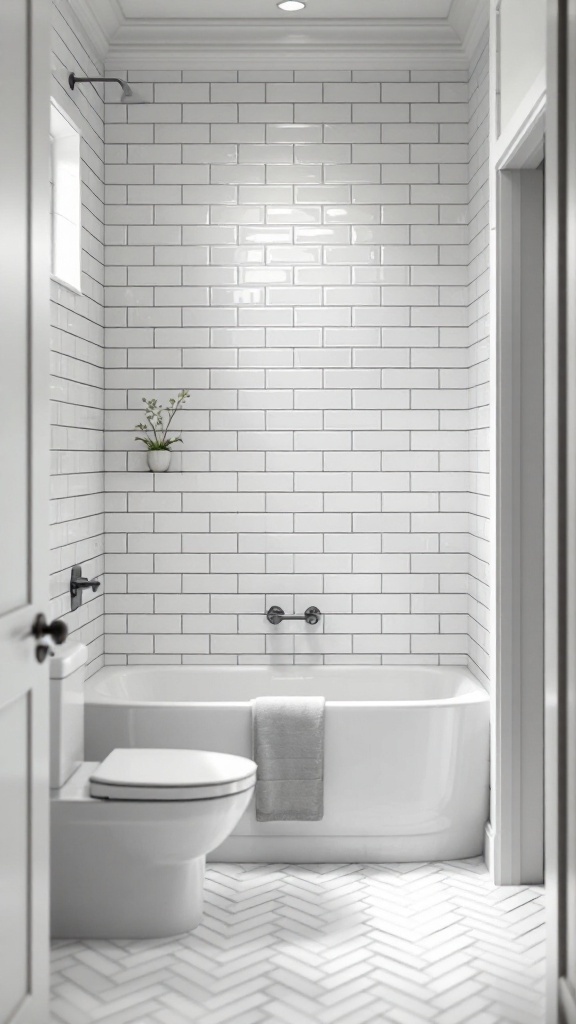 Bathroom with classic subway tile arrangement, featuring white tiles and a modern tub.