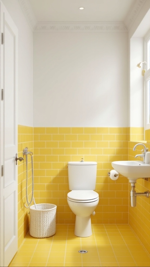 Bathroom featuring a classic white and yellow tile combination