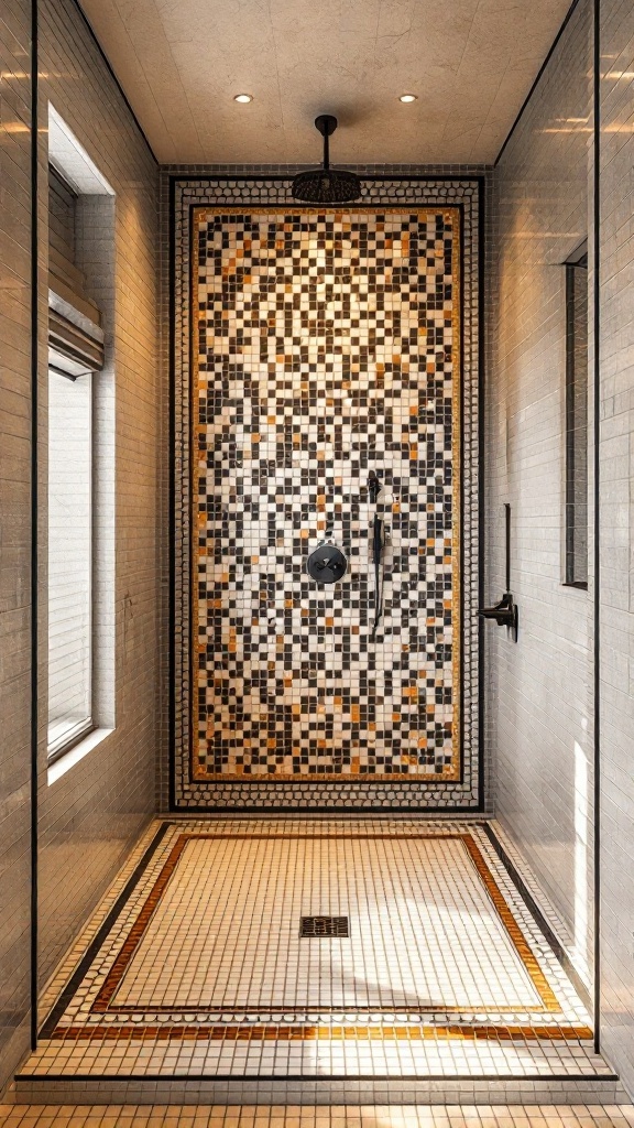 Shower with creatively designed tile borders in black, white, and amber.