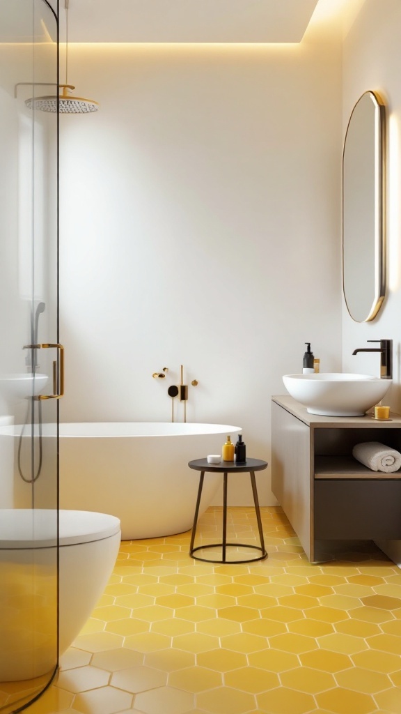 A modern bathroom with yellow hexagon tiles, featuring a freestanding bathtub and a stylish sink.