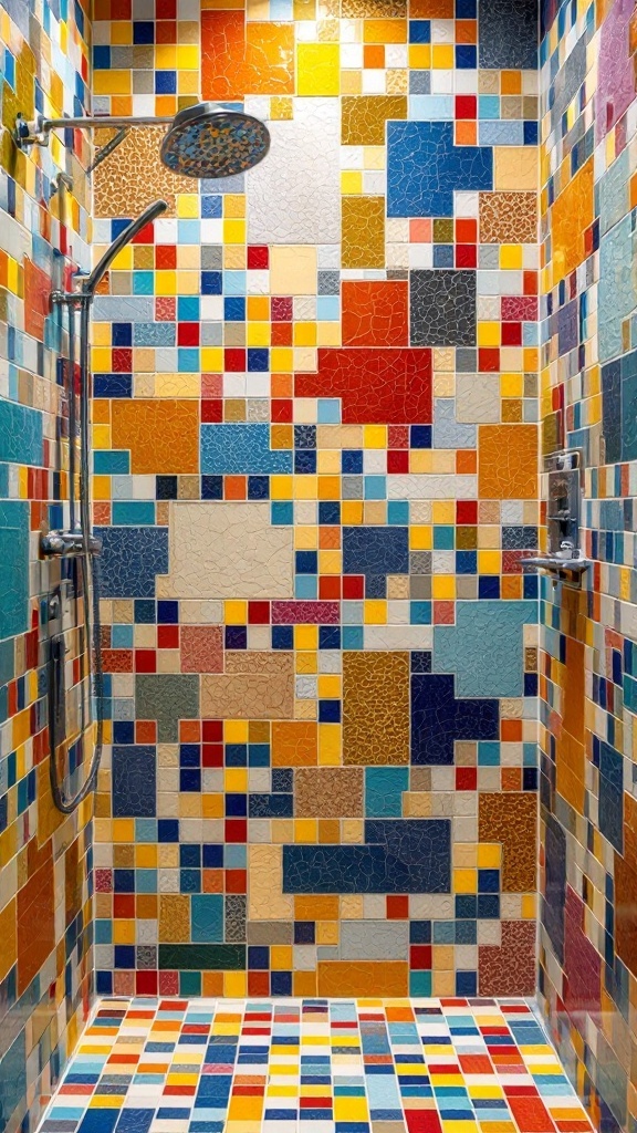 Colorful mosaic tiles in a shower, featuring various shapes and patterns.