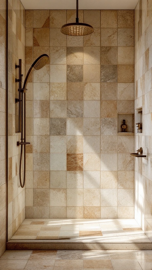 A stylish bathroom shower featuring natural stone tiles in beige and earthy tones.