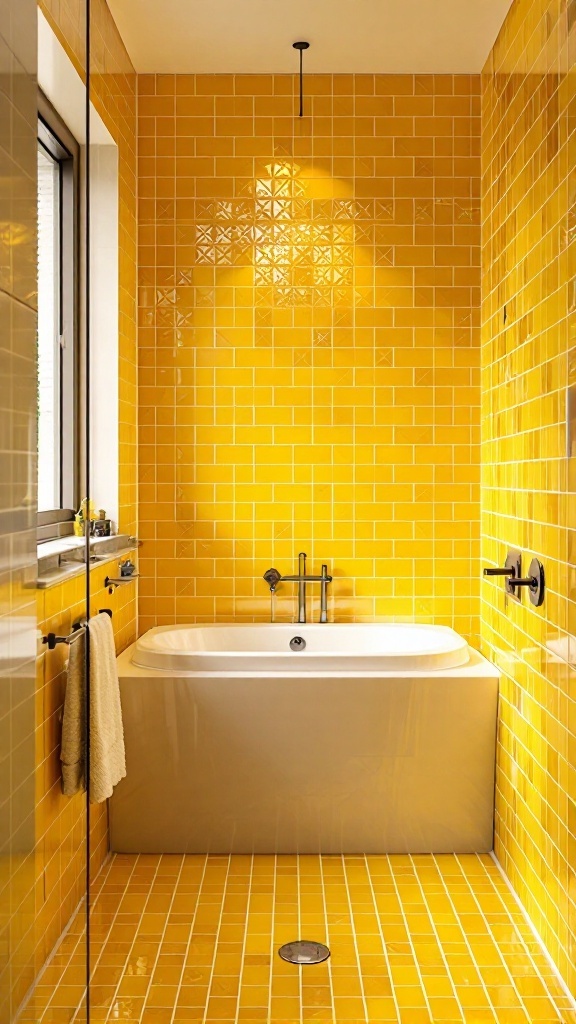 A bright yellow tiled bathroom with a modern bathtub and geometric tile patterns.