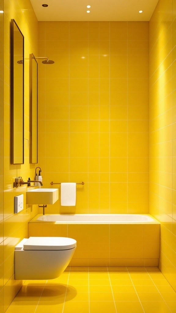 A minimalistic bathroom with yellow tile walls and floor, featuring a white bathtub, toilet, and modern fixtures.