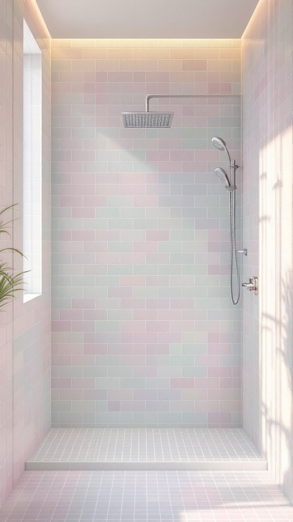 Bathroom shower with subtle pastel tiles in light colors