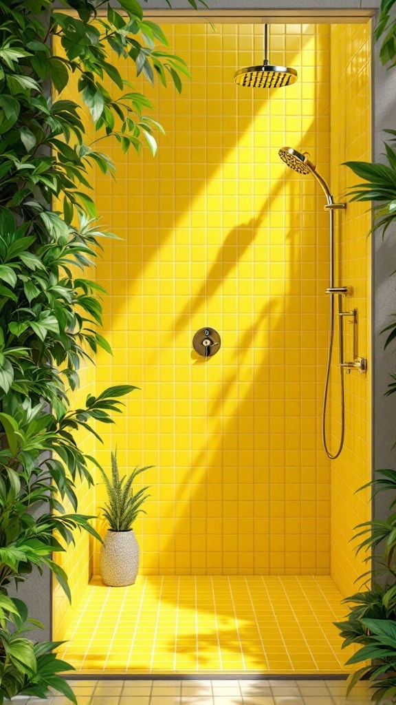 A bright yellow shower nook with tiles and plants