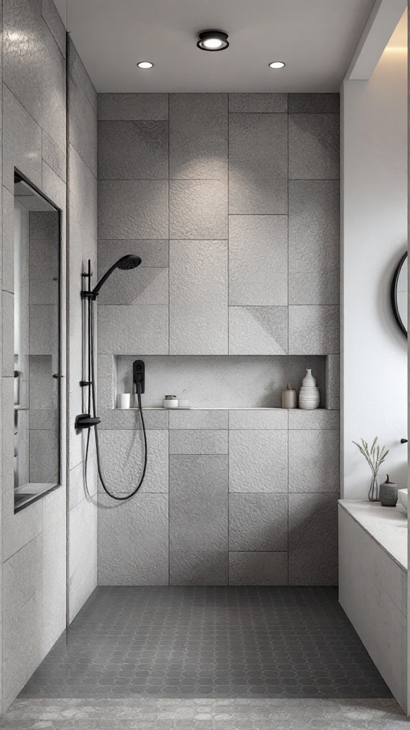 Stylish bathroom with textured gray wall panels and modern shower fixture