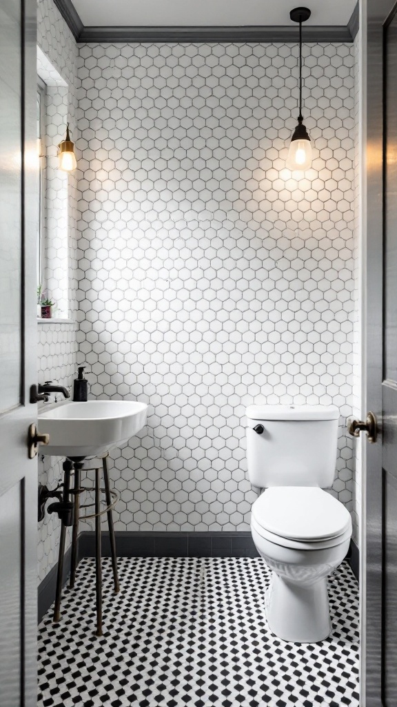 A stylish bathroom featuring vintage-inspired hexagon tiles on the walls and a black and white patterned floor.