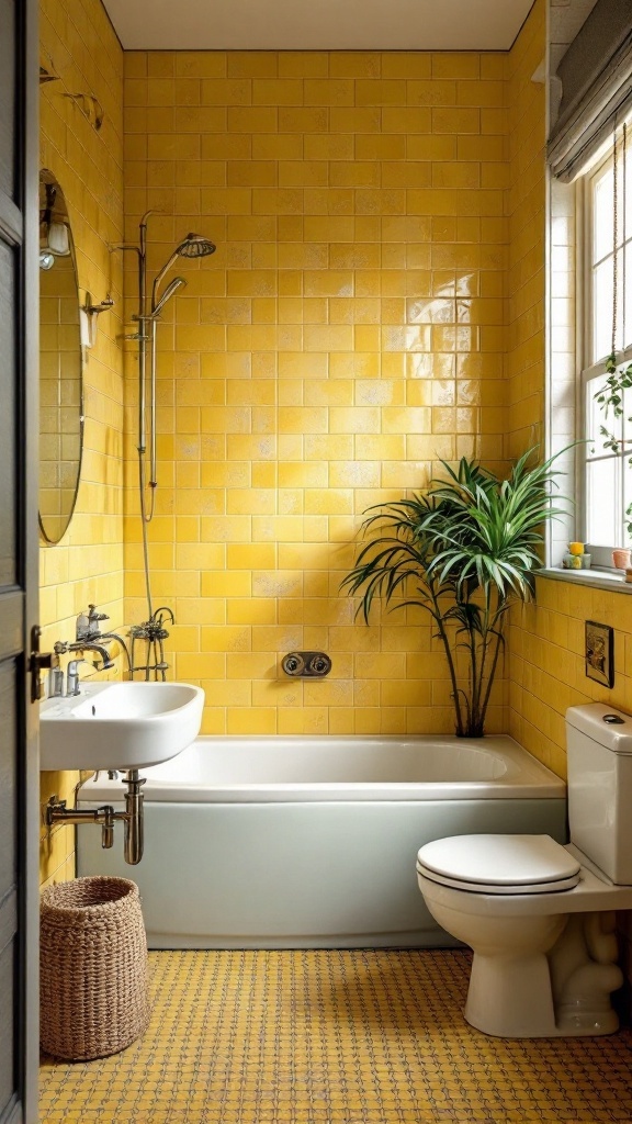 A vintage bathroom with mottled yellow tiles, featuring a bathtub, sink, and indoor plant.