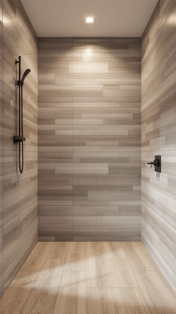 A modern shower with wood-look porcelain tiles on the walls and floor.