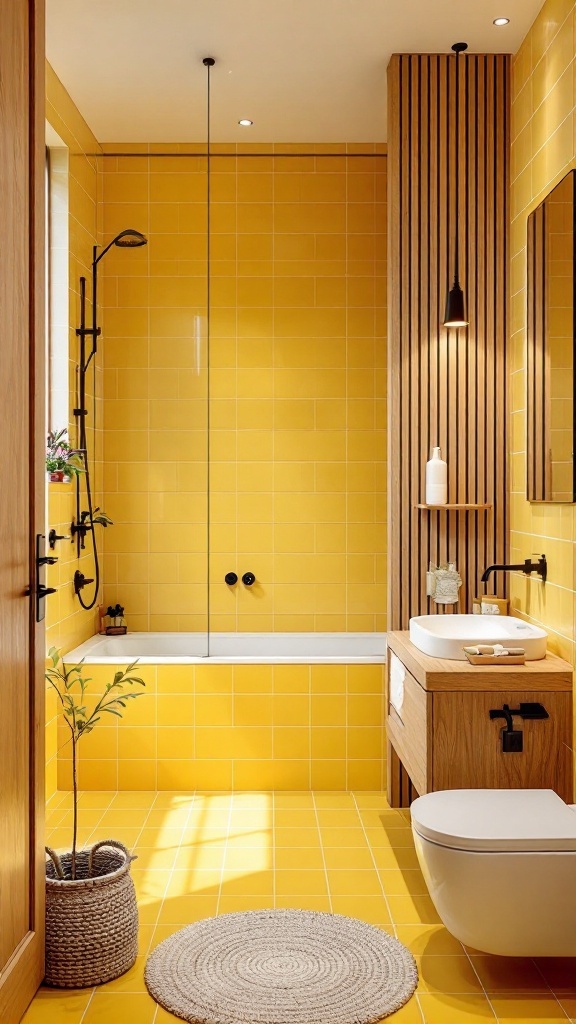 A bright yellow tiled bathroom featuring natural wood accents.