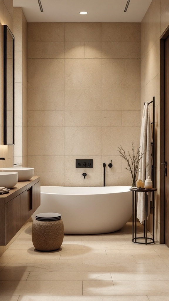 A modern bathroom featuring beige tiles with subtle veining, a freestanding tub, and wooden accents.
