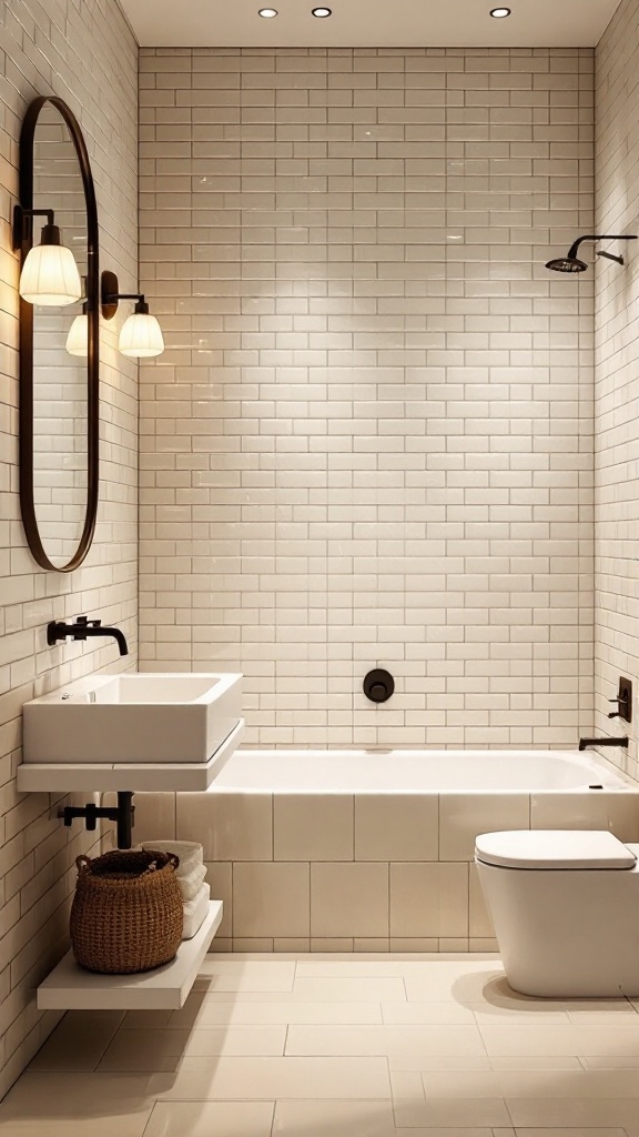 A modern bathroom featuring beige subway tiles on the walls with black fixtures, a white sink, and a bathtub.