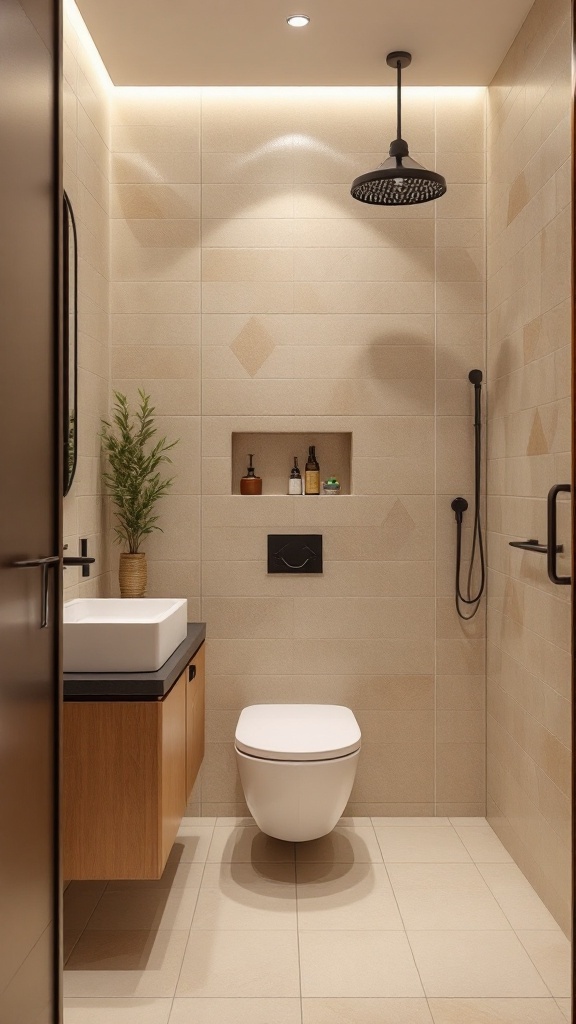 A modern bathroom featuring beige geometric tiles, black fixtures, and natural wood accents