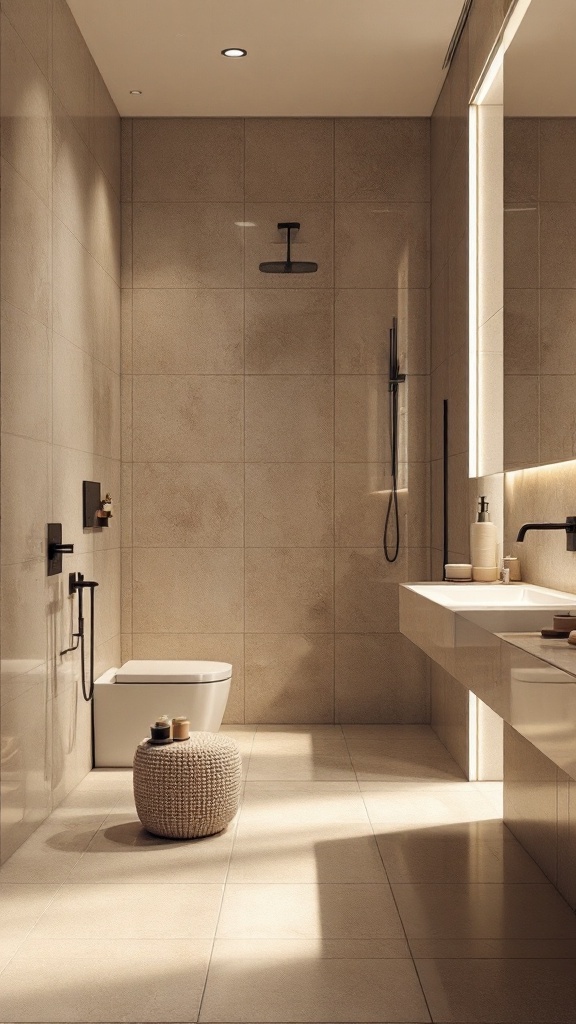 A stylish bathroom featuring glossy beige ceramic tiles, modern fixtures, and a cozy woven pouf.