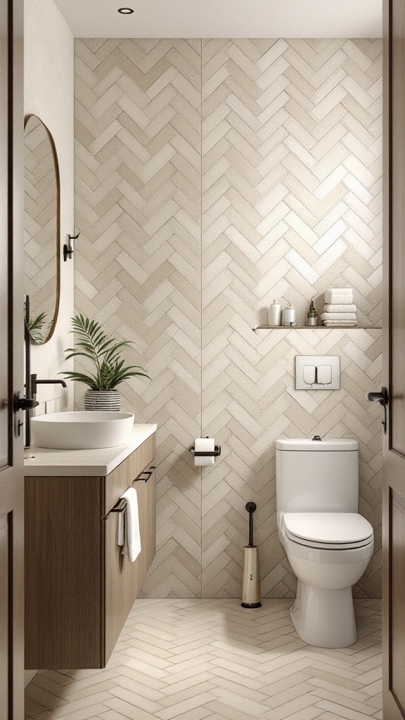 A beige tiled bathroom featuring a herringbone pattern on the walls and floor.