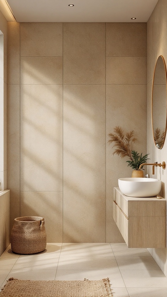 A stylish beige bathroom with textured elements including a woven basket and wooden vanity.