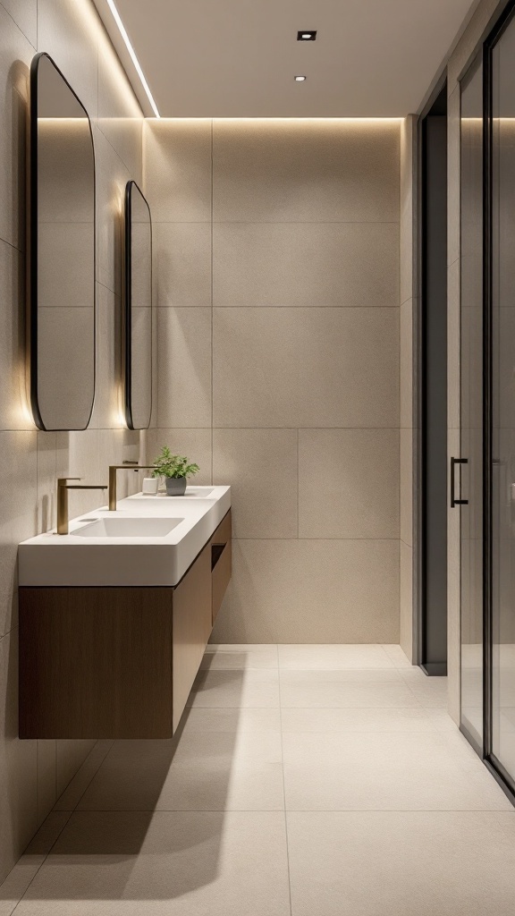 A modern bathroom featuring large beige tiles on the walls and floor with a sleek wooden vanity and mirrors.