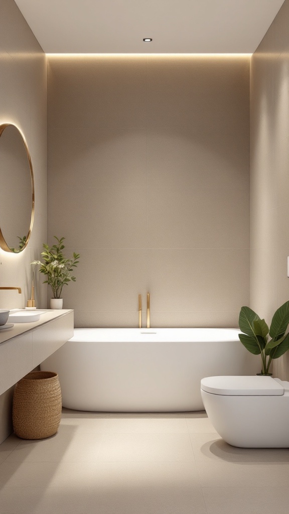 A modern bathroom with beige matte finish tiles, a white bathtub, and gold fixtures, complemented by greenery.