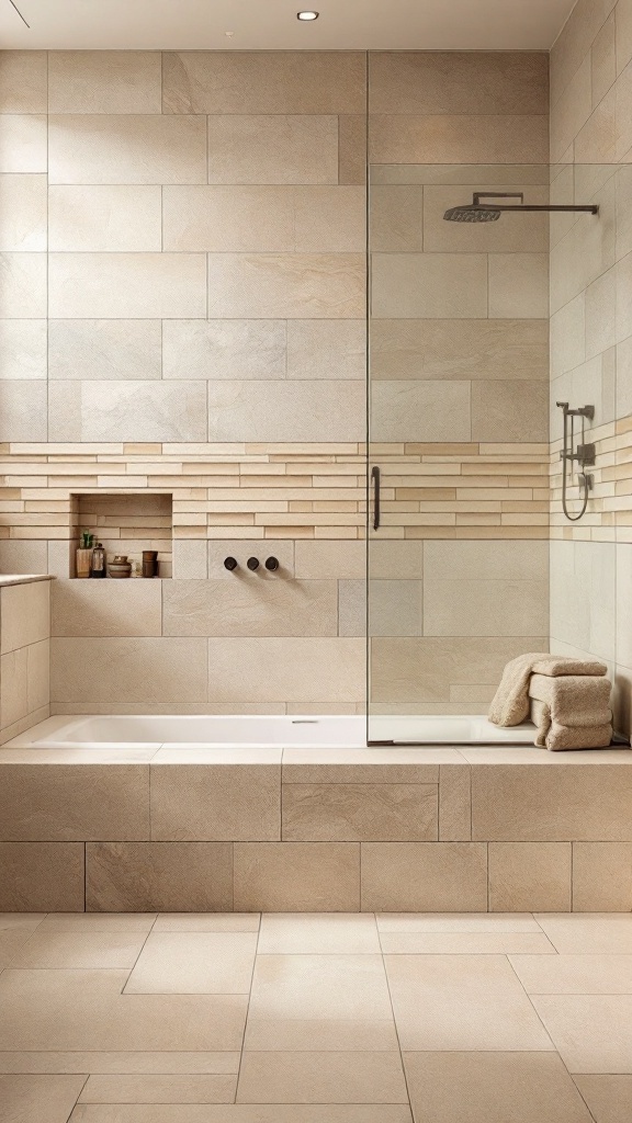 A modern bathroom featuring beige tiles with varying shades, creating depth and texture.