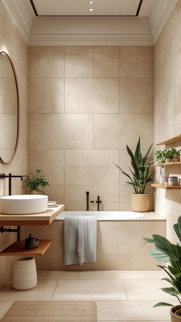 A modern bathroom featuring beige textured stone tiles, a round mirror, and wooden accents with plants.