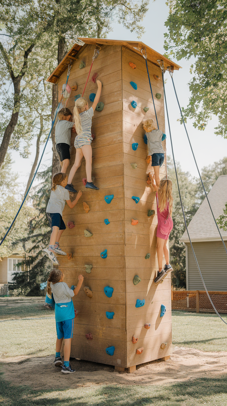 Children climbing a backyard climbing wall