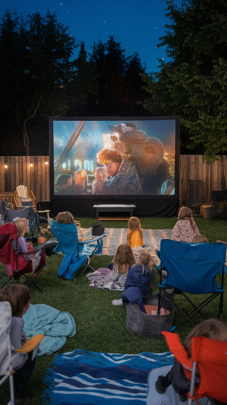 Children and adults enjoying a movie night in the backyard with a large screen.