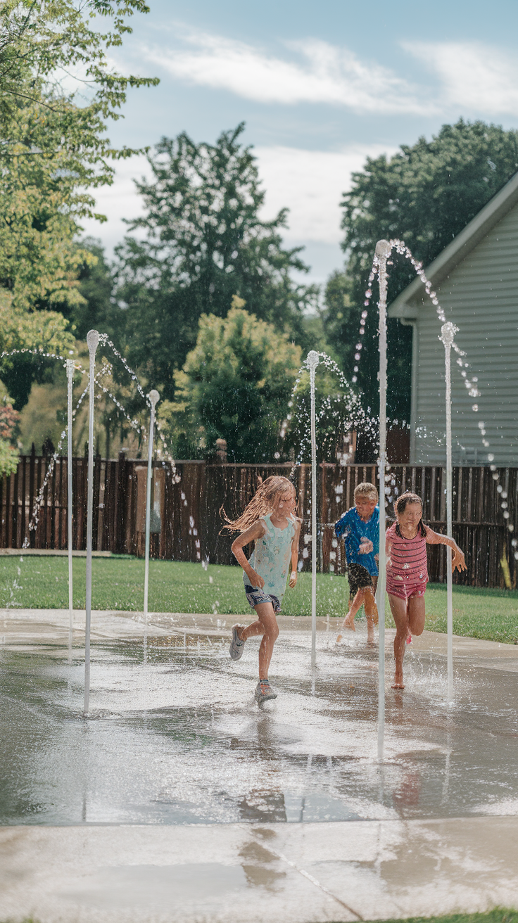 Children playing on a backyard splash pad with water fountains