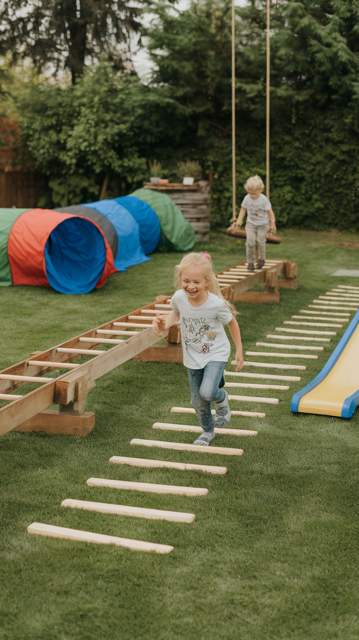 Children playing on a DIY obstacle course with wooden planks and colorful tunnels in a backyard.