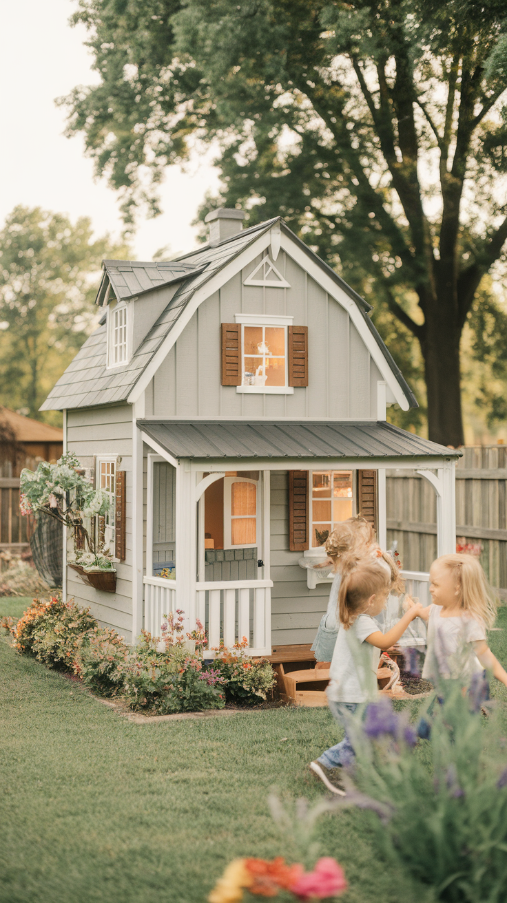 A miniature farmhouse playhouse surrounded by colorful flowers and children playing.