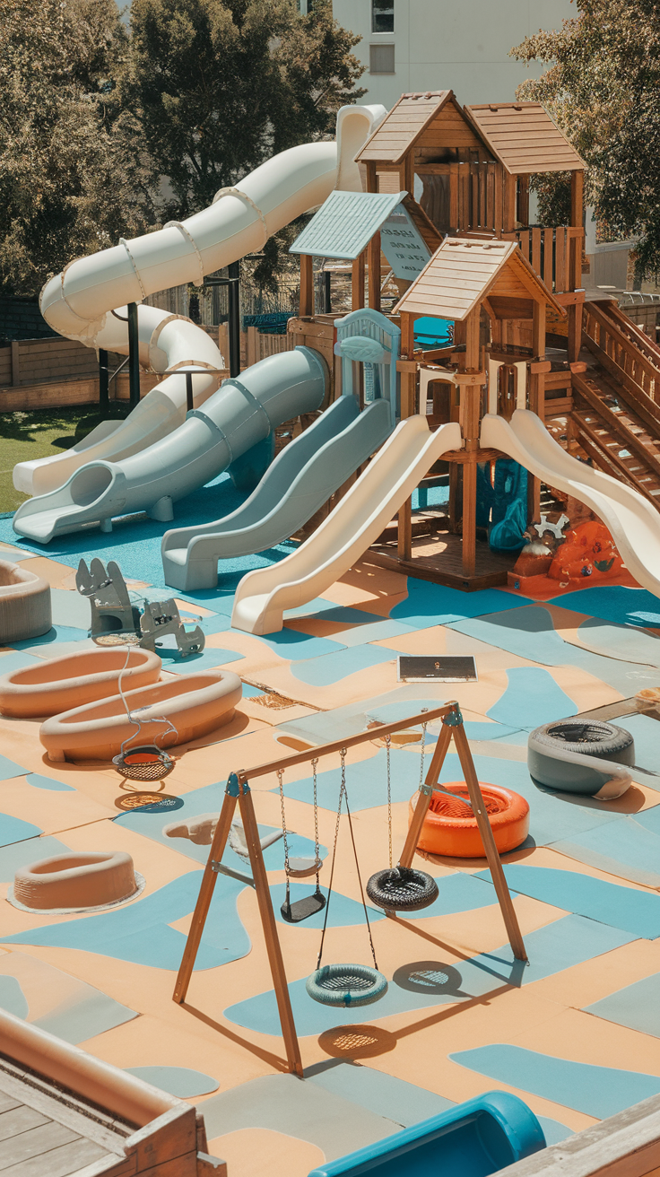 Children playing on a colorful multi-level playground with slides and climbing structures.