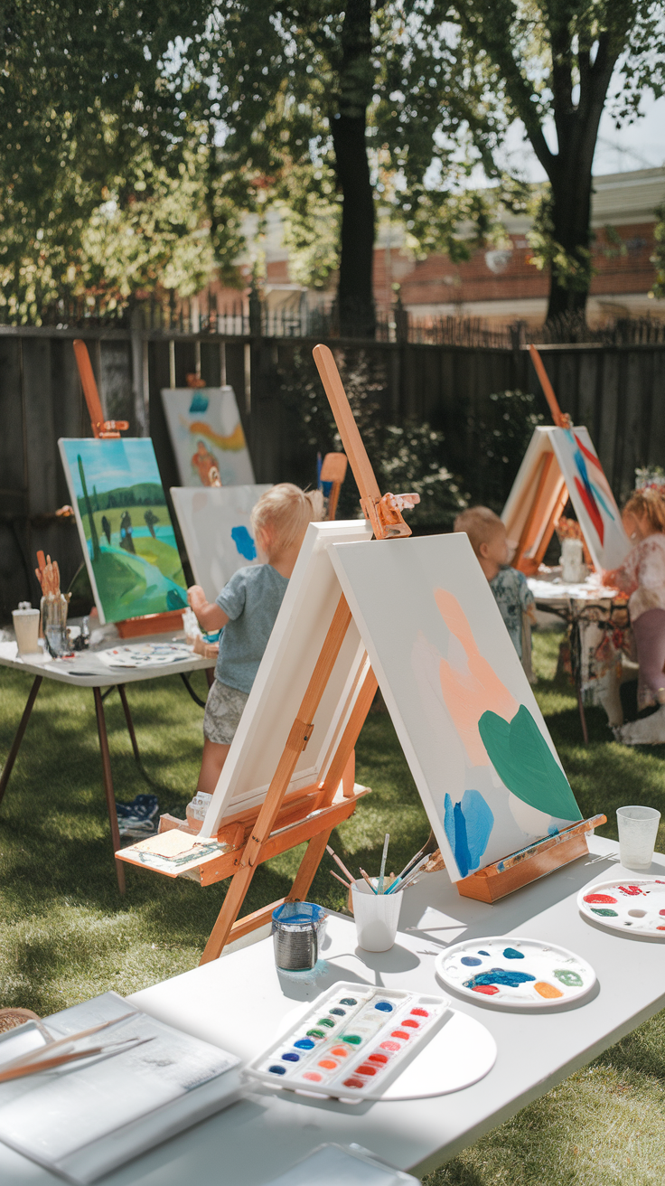 Children painting outdoors on easels under green trees.