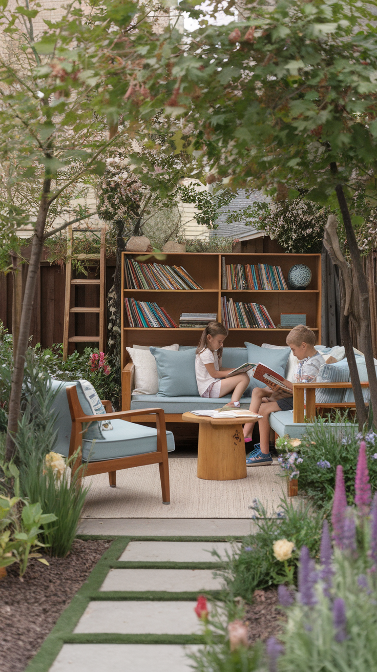 A serene outdoor reading nook featuring children reading on a comfy couch surrounded by plants and bookshelves.